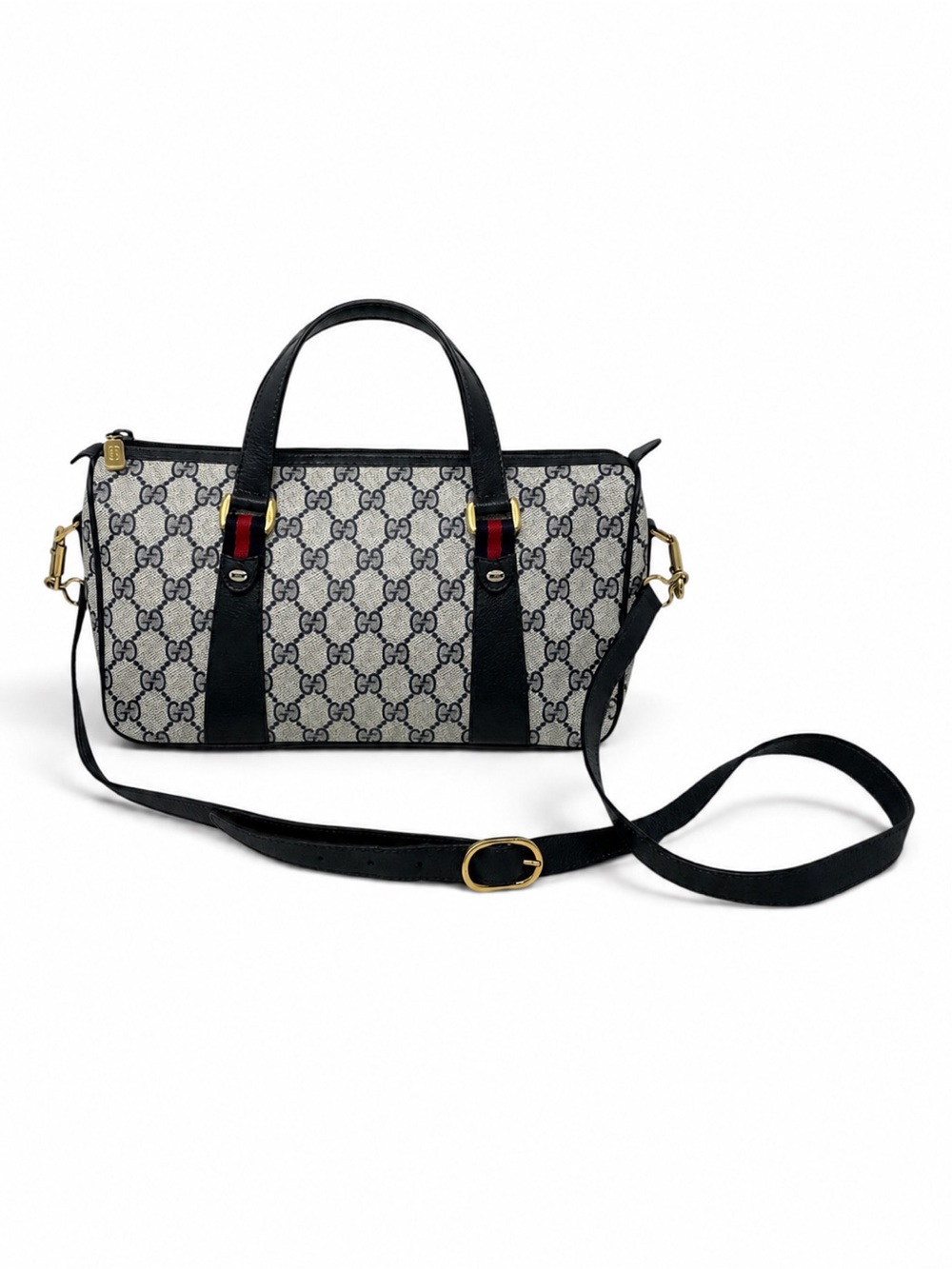Vintage Gucci Sherry Line GG Monogram Boston Bag Navy Web Crossbody